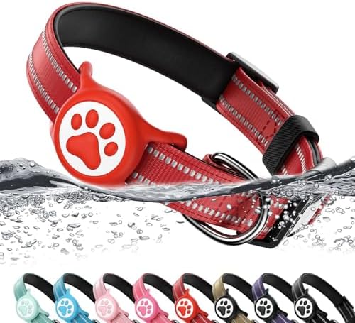 Premium Airtag Dog Collar，with IP68 Waterproof AirTag Holder,Red,XS