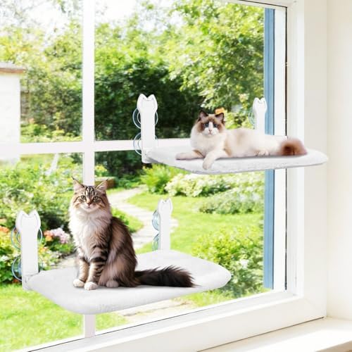 2 Pack Cat Window Perch,Cat Window Hammock Cordless Foldable Window Bed with 4 Large Strong Suction Cup,Reversible Cushion Cover,Metal Frame Easy to Adjust Window Seat Holds up to 40lbs(White
