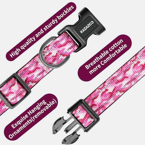 Kazazoo Large Dog Collar, Reflective Collar,No Pull,Heavy Duty Collar,Soft Neoprene & Quick Release Buckle Dog Collars for Labrador,German Shepherd,Golden Retriever Pink camo-L