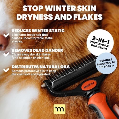 MalsiPree Dog Brush - Large, Orange - 2-in-1 Deshedding Tool & Undercoat Rake, Dog Undercoat Brush - Gentle Dematting Comb & Pet Hair Removal Tool - Smooth-Edge Design & Grooming Comb