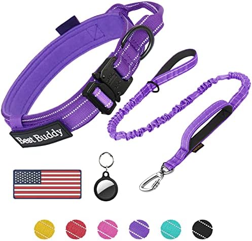 AUBELL Reflective Tactical Heavy Duty Dog Leash and Collar Set,Purple L