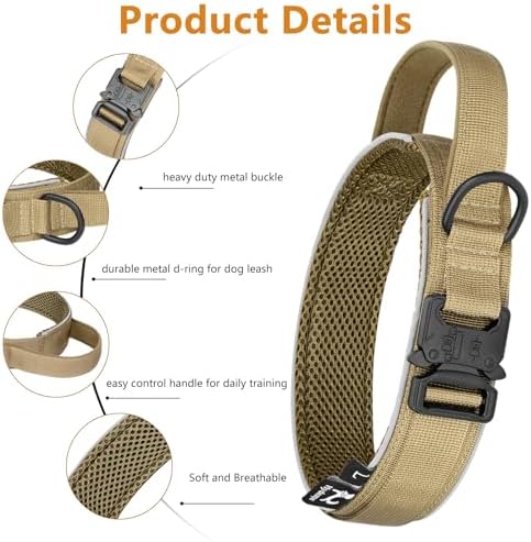 HYDEME Tactical Dog Collar, Alpine Loop Adjustable Military Training Nylon Dog Collars with Handle and Reflective for Small Medium Large Dogs, with Airtags Protective Case & Patches.(L,Brown)