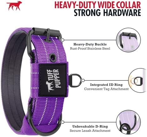 Tuff Pupper Heavy Duty Tactical Dog Collar | 1.5" Wide Ballistic Nylon | Reflective Stitching | Integrated ID Tag Holder | Stainless Steel Buckle | Padded Lining | Medium & Large Dogs (Purple, Large)