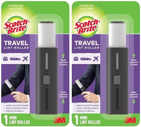 Scotch-Brite Retractable Lint Rollers 2-Pack, Portable Travel-Size Lint Removers for Pet Hair on Clothes, Furniture & Car, 3 in x 8.5 in Mini Rollers, 30 Sticky Sheets Each