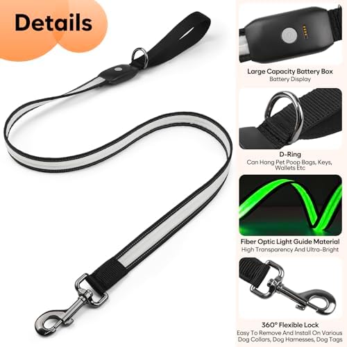 LED Dog Leash Ultra Bright, Waterproof, 7 Lighting Mode, Glow in The Dark & Reflective, Type-C Rechargeable, Battery Indicator, Carabiner Clip for Night Walking Safety, Small to Large Pets