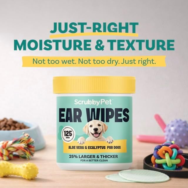 Scrubby Pet Dog Ear Wipes for Dogs | Extra Thick with Aloe Vera & Eucalyptus | 250 Count | Hypoallergenic Ear Cleaner for Dogs with Pearl Texture for Deeper Clean