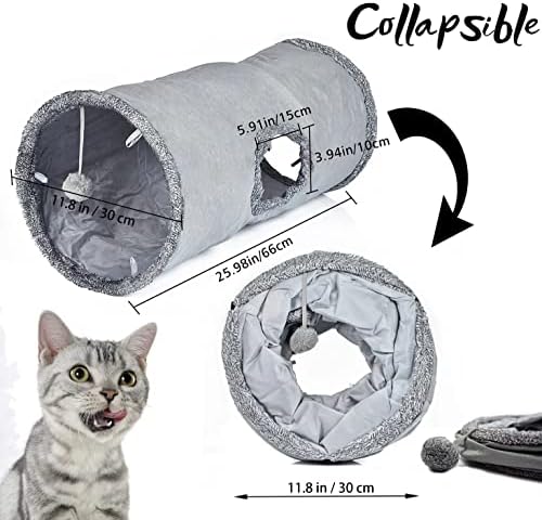 LeerKing Cat Tunnel 26"(L) Dia 12" Tubes and Tunnels connectable with Large Crinkle Hide and Seek Toy for Bunny Puppy, Grey