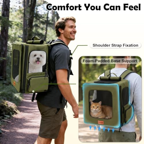 Vivifying Dog Backpack Carrier, 16.5"×15"×10.6" Breathable Pet Backpack for Travel with Sunshade, Locking Zippers & Thickened Bottom for Small Dogs and Cats up to 18 lb (Military Green)