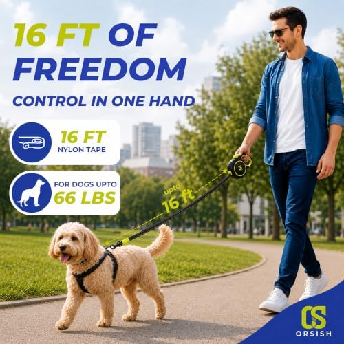Retractable Dog Leash, 16 ft, Reflective Stitching, Up to 66 lbs