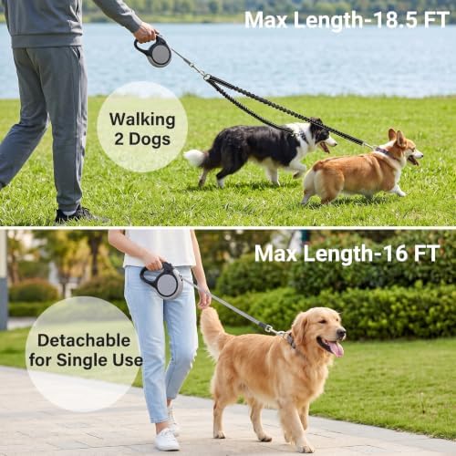 Dual Retractable Dog Leash for 2 Medium Dogs ≤ 44Lbs Each,18.5FT, Poop Bags