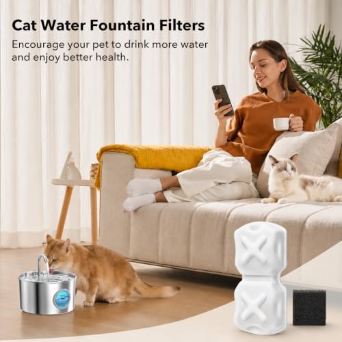 32-Piece Stainless Steel Cat Water Fountain Filter Replacement -16 Cat Fountain Filters+16 Sponges & 1 Brush, Compatible with 74oz/88oz/108oz Stainless Steel Pet Fountains