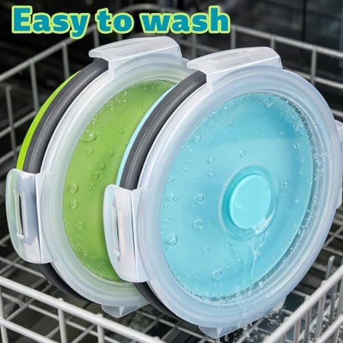 2pcs Collapsible Dog Bowls, Silicone Food & Water Travel Bowl with Lid Portable Expandable Pet Feeding & Drinking Cup/Saucer for Walking, Kennels, and Camping 350ml (Green, Blue)