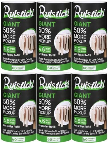 4.6 inch Giant Extreme Stick Lint Roller Refills for Evercare Giant Lint Roller and T Handle Lint Roller Extra Sticky 60 Sheets Each Refill 6 Pack 360 Easy- Peel Sheets Total