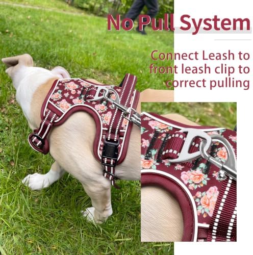 HEELE Large Dog Harness, Reflective, No Pull No Choke, Flower Burgundy, L