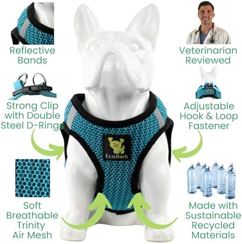 EcoBark Step in Dog Harness - Eco-Friendly Small & Medium Breed Dog Harnesses - Reflective and Adjustable Mini Body Halter Vest - Soft Mesh Toy Breed Harness (Aqua Blue, Medium)