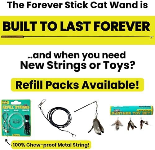 Forever Stick 1-Pack - The Unbreakable Cat Wand Toy, Durable Cat Toy Wand, Extra Long Cat String Toy, Cat Fishing Pole Toy for Bored Indoor Adult Cats, Cat Stick Toy, Cat Feather Wand, Cat Teaser Wand