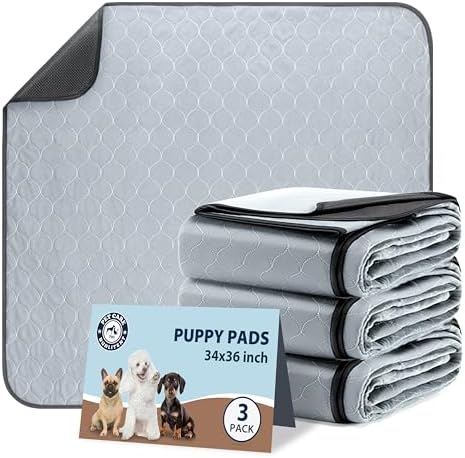 Washable Pee Pads for Dogs, Reusable Puppy Pads 34x36, 3 Pack, White Grey