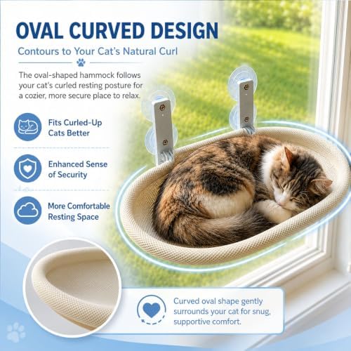 Cat Window Perch for Narrow Windows, Cordless Foldable Hammock Bed with Suction Cups, Breathable Mesh Shelf for Indoor Cats, Space-Saving Hammock Lounger for Sunbathing and Bird Watching, Beige