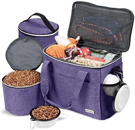 BAGLHER Dog Travel Bag Backpack Pet Supplies Backpack 5-Piece Set with Shoulder Strap 2 Lined Pet Food Containers 2 Foldable Feeding Bowls Essential Kit for Pet Travel