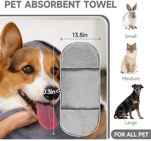 Dog Washing Gloves - Quick Drying Dog Towel,Cat Bath Grooming Gloves Brush with High-Density Teeth for Bathing Massaging，Absorbent Pet Bath Towel 30.3"x13.8" with Hand Pocket for Dog Cat Grey