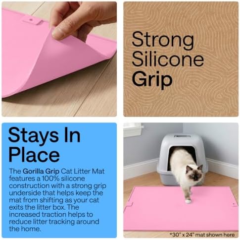 GORILLA GRIP Cat Litter Box Mat, Easy Clean Silicone Mats, 24x15 Pink