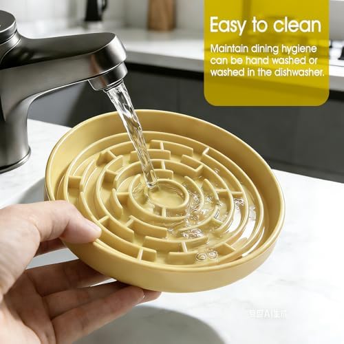 Silicone Slow Feeder Dog Bowls, with Non-Slip Suction Cups, Anti-Choking, Puppy Puzzle Bowl, Slows Down Eating Speed, Relieves Anxiety, Suitable for S&M Sized Dogs and Cats(Yellow