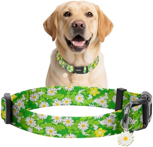 Kazazoo Dog Collar Cute and Soft Nylon Puppy Collar for Boy and Girl Dogs, Adjustable Dog Collars for Large Dogs, Green Daisy-L