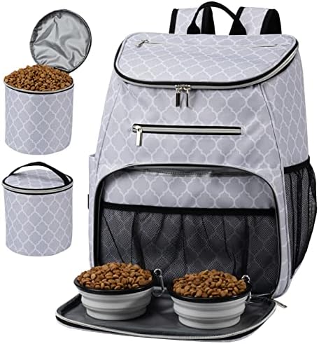 BAGLHER Dog Travel Bag Backpack, Airline Approved Pet Supplies Backpack, Dog Travel Bag with 2 Silicone Collapsible Bowls and 2 Food Baskets DLWhite