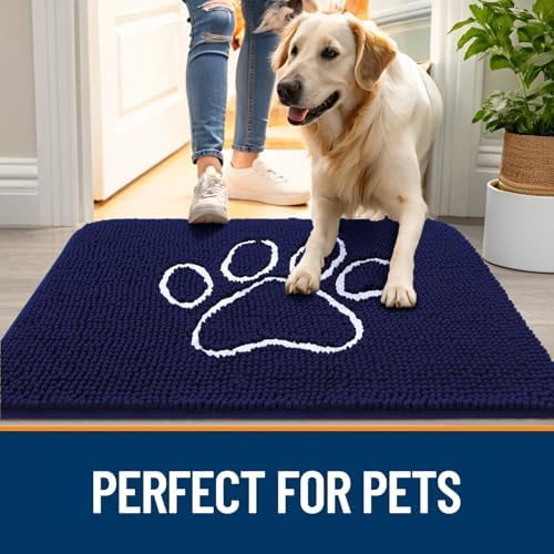 OLANLY Dog Door Mat for Muddy Paws 32x20, Paw Print Design Chenille Mud Mat