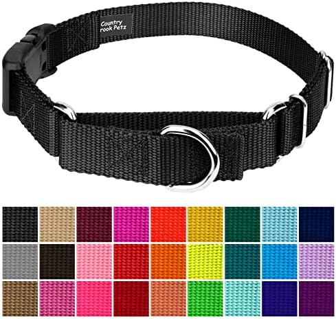 Martingale Dog Collar - Heavy Duty Nylon Adjustable Martingale Dog Collar with Plastic Buckle for Small Medium Large Breeds - 30+ Colors (1 Inch, Medium, Black)
