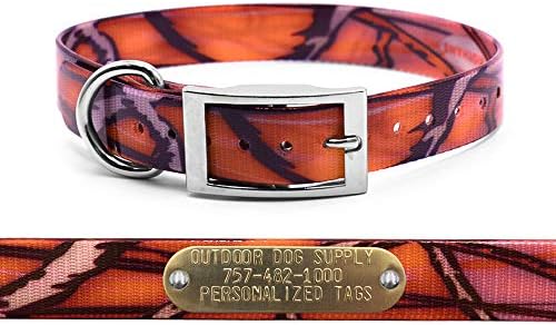 Heavy Duty Waterproof D-Ring Dog Collar w Custom Name Tag, Orange Camo