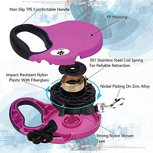 16 ft Retractable Dog Leash for Large Dogs up to 44 lbs,Tangle-Free Nylon Tape,Pink Dan M