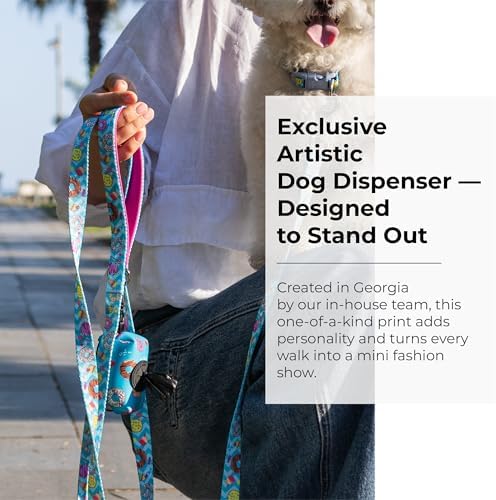 KIKI & RIKI Premium Dog Poop Bag Holder, Waste Dispenser with Leash Clip, Artist-Designed Print (Designed in Georgia), Includes 1 Starter Roll of Bags, Fits Standard Rolls, Light Blue (Sweetie Donut)