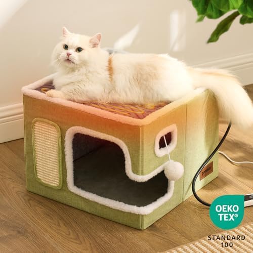 ZOMISIA Heated Cat House Bed for Indoor Cats, Cat Hideway Cube for Sleeping