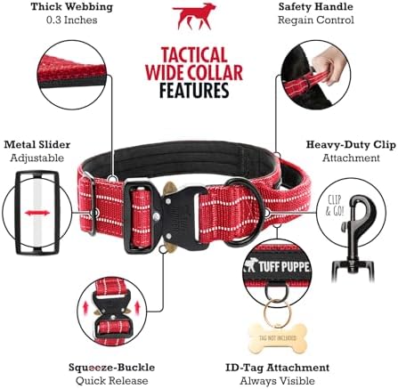 Tuff Pupper Tactical Dog Collar | Heavy Duty 1.5" Wide Ballistic Nylon | Training Control Handle | Quick-Release Metal Buckle | Reflective Bands | ID Tag Holder | Padded Inner Lining (Red, Large)