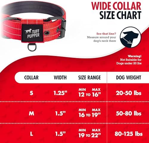 Tuff Pupper Heavy Duty Tactical Dog Collar | 1.5" Wide Ballistic Nylon | Reflective Stitching | Integrated ID Tag Holder | Stainless Steel Buckle | Padded Lining | Medium & Large Dogs (Red, Large)