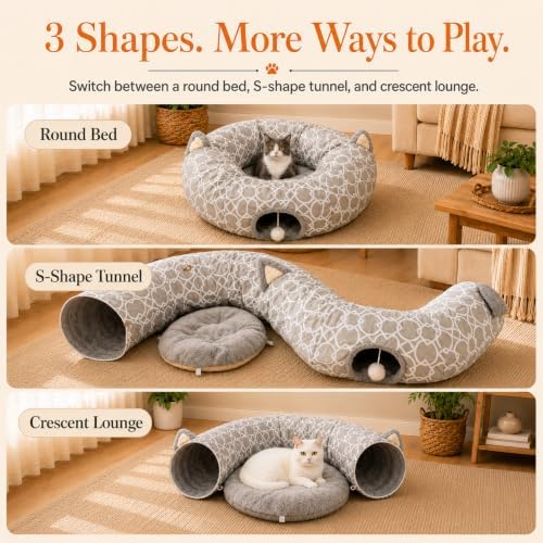 Geometric Cat Tunnel Bed Under Christmas Tree Oxford Outside with Plush Inside,Cats Toys Collapsible Tunnel Tube with Balls, for Rabbits, Kittens, Ferrets,Puppy 3FT