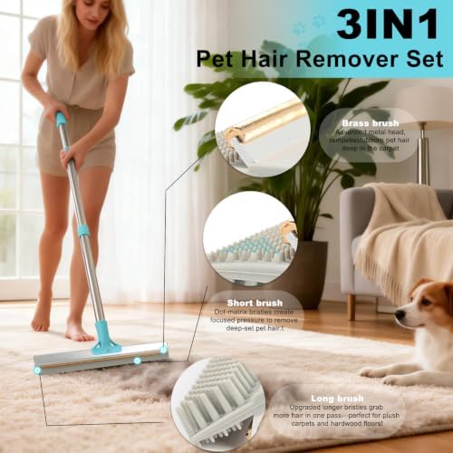Vivifying Carpet Rake Pet Hair Remover, 56" Adjustable Handle, Blue