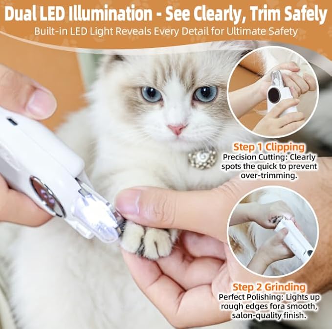 Dog Electric Nail Clippers & Grinder with Light, Quiet Cats Nail Trimmer | Large Medium Small Dogs & Cats - Painless Grooming Tool, 3 Speeds, Rechargeable, Splash Guard & Safety Lock(White)