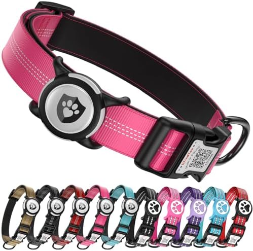 Waterproof AirTag Dog Collar with QR Code Dog Tag, Rose Red M