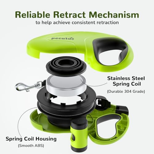 Pecute 32ft Retractable Dog Leash with Poo Bag Holder, Chew Proof Dog Leash with 360° Tangle-Free Extended, Anti-Slip Handle & Quick Brake Button, Suitable for Dogs Up to 110lbs in Weight