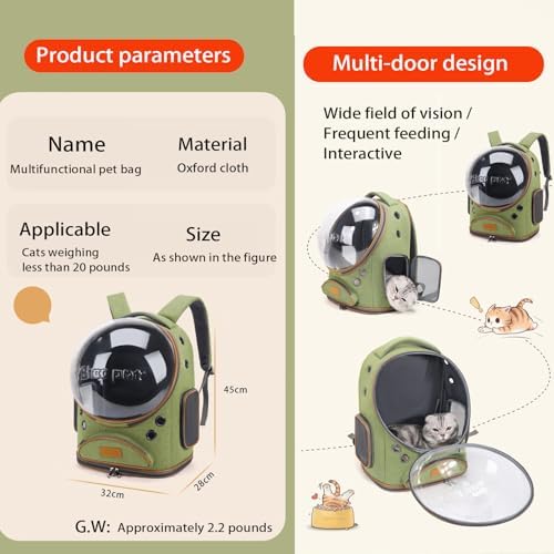 Cat Backpack Carrier, Breathable Cat Carrier Large Space Bubble Pet Backpack for Small Dog and Large cat up to 18lbs, Transparent & Foldable Pet Carrier for Travel Hiking (Green)