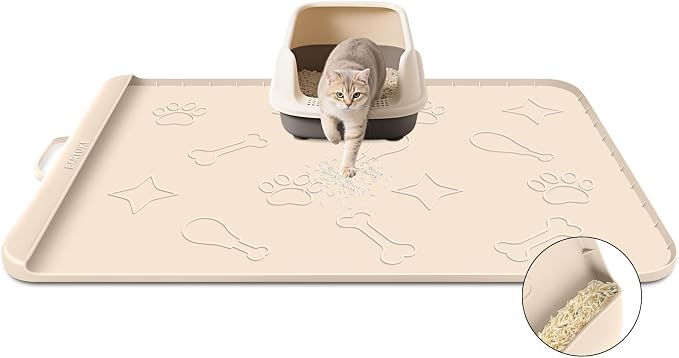 Cat Litter Mat for Litter Box 42" x 28", Large Silicone Mat, Beige | Waterproof Litter Trapping Mat with Residue Collection Pocket, Raised Edge, Non-Slip Pet Placemat for Floors