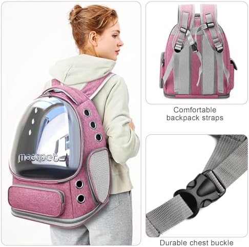 Cat Backpack Carrier, Breathable Cat Bubble Backpack Large Space Cat Carrier Backpack for Kitty Small Dog Up to 15 lbs, Foldable Airline Approved Cat Backpack, Transparent Pet Travel Backpack (Pink)