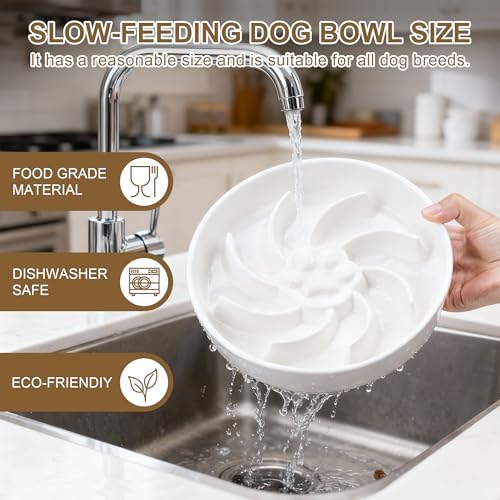 Ceramic Slow Feeder Dog Bowl, 3 Cup Dog Food or 25oz Water, Slow Eating Bowl for Middle Breed, Maze Puzzle Feeder for Fast Eaters, Anti-Choking Stop Bloat, Non-Slip BPA Free (White)