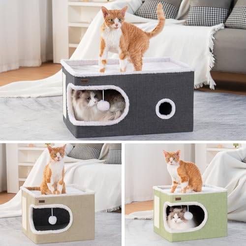 Garnpet Cat Bed for Indoor Cats Cube House, Covered Cat Cave Beds & Furniture with Scratch Pad and Hideaway Tent, Cute Modern Cat Condo for Multi Small Pet Large Kitten Kitty, Large, Grey