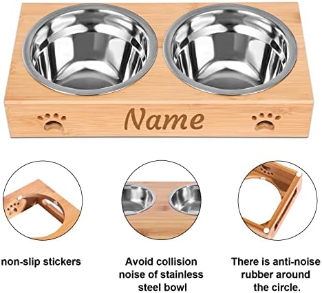 Elevated Bamboo Pet Bowls for Dogs and Cats, Customizable with Stainless Steel Bowls, Anti-Slip Feet