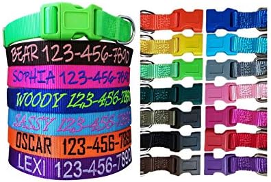 Personalized Custom Customized Embroidered Dog Name & Phone Number Adjustable Nylon Collar for Large Medium Small Breed, Girl Boy Dogs, Pet Puppy Black Red Pink Purple Orange Blue Green