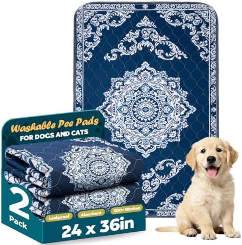 Washable Pee Pads for Dogs 24" x 36" - 2 Pack, Navy Blue, Stylish Reusable Puppy Training Pads - 100% Waterproof & Leak-Proof & Non-Slip, Potty Pads for Whelping, Crate, Floor