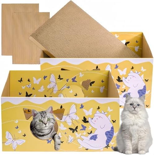 Tlence 2 Pack Cardboard Cat Scratcher Box, Butterfly Pattern Cat Hideaway House with Double-Sided Scratch Pads, 16.5 Inch Heavy Duty Large Cat Bed Lounger for Indoor Cats